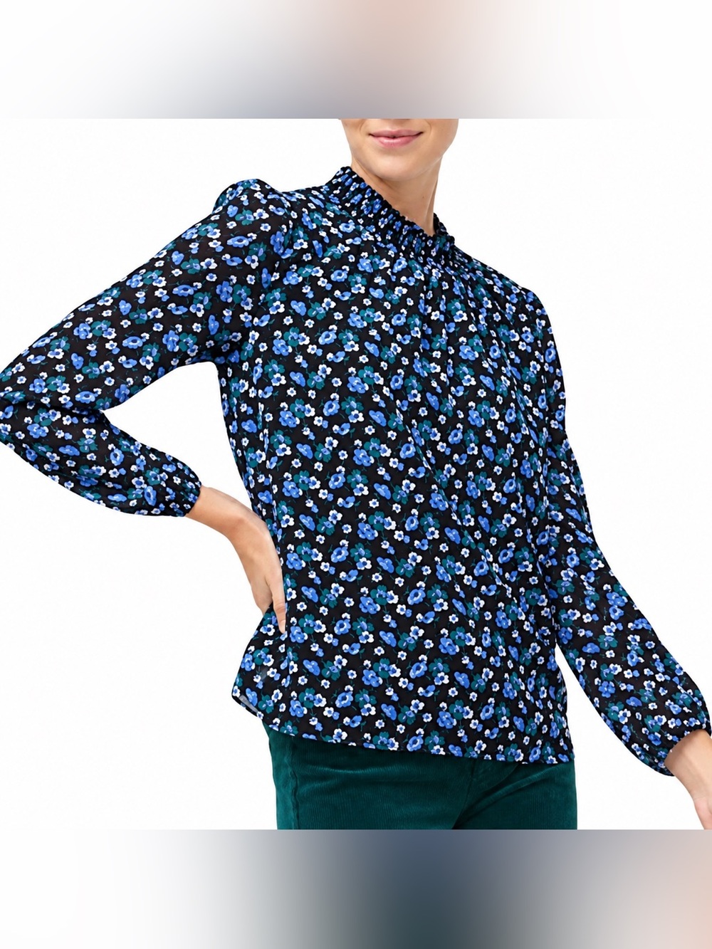 J Crew Black Floral Smocked Neck Long Sleeve Blouse Blue & Green Floral Size SM